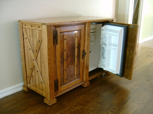 Hickory Refrigerator Cabinet with Aged Copper Door Panels