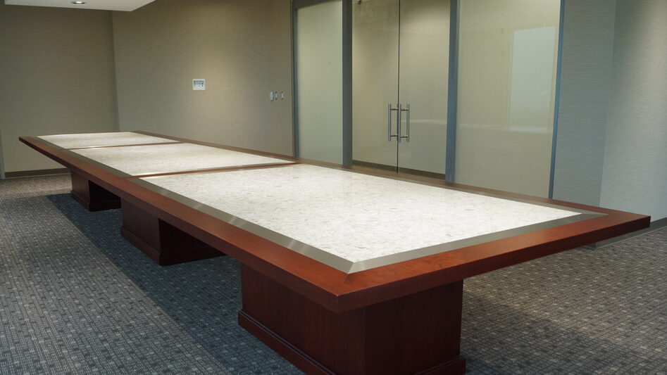 Conference Table Mahogany, Stainless Steel, and Quartz 23′ x 5′